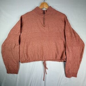 Democracy Womens XL Rose Pink Quarter Zip Cropped Drawstring Cable Knit Sweater